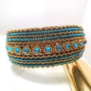 Gold tone aqua blue rhinestones and seed beads hinge cuff bracelet
